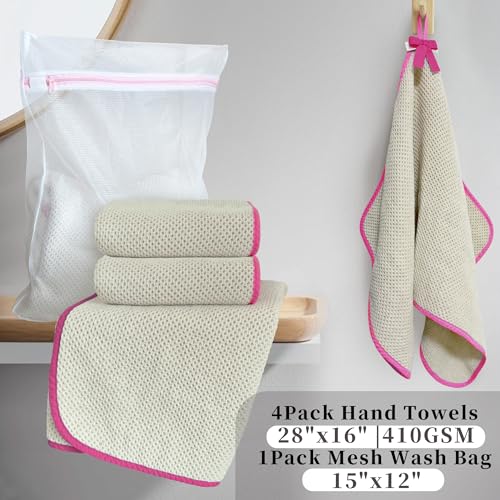 VOOVA & MOVAS Bathroom Hand Towels 4 Pack, 100% Cotton, 28x16 in, Beige | Ideal for Bathroom Daily Essentials, Built-in Hanging Loop, Pink Piping, Waffle Weave Texture - color: Pink Piping, size: 4PC Hand Towels (16"x28")