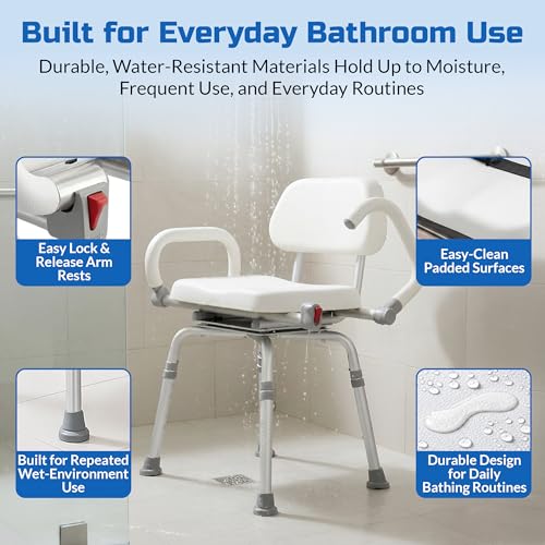 Swival Shower Chair with Padded seat for Inside ShowerFor Senior, Bath Seat | Sit Securely While Bathing - White, padded seat, padded armrests, swivel seat, tool-free assembly, 600 lb