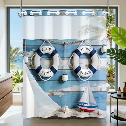 No Hook Shower Curtain with Snap in Liner, Nautical Themed Lifebuoy Shower Curtain with Mesh Top Window and Weighted Hem, 71x74 Inch Double-layer Waterproof Fabric Shower Curtain and Button Liner Set - color: Lifebuoy