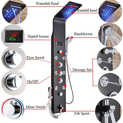Stainless Steel Shower Panel Tower System LED Rainfall Waterfall Shower Head 6-Function Faucet Rain Massage System with Body Jets