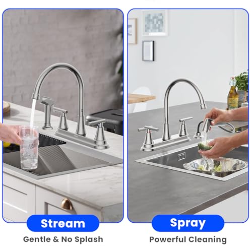 HURRAN 2-Handle Kitchen Faucet with Pull-Out Side Sprayer, 8 Inch High Arch Stainless Steel 360°Rotating Kitchen Sink Faucet, 4 Hole Faucet for Kitchen Bar Rv Camper, Chrome - color: Chrome, style: With Side Sprayer