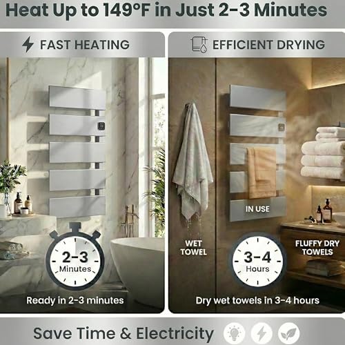 Electric Towel Warmer, Heated Towel Rack with Thermo Control and Timer, Fast Heating Towel Rail for Bathroom with Memroy Function, Work with Smart Plug, Right-Wiring, 5 Panel, Silver | Thermo Control and Timer, Fast Heat in 3 Mins, Dry Towels in 4 hrs, Me