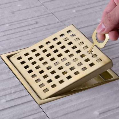 TRUSTMI 6 Inch Square Shower Floor Drain with Removable Grid Grate Cover, SUS 304 Stainless Steel,Brushed Gold - size: Grid Cover