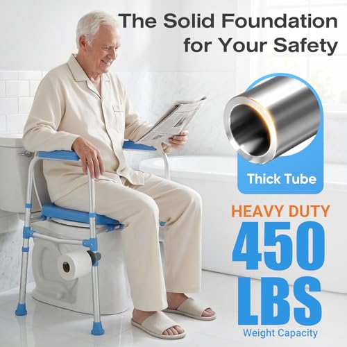 Padded Toilet Seat Riser for Seniors FSA/HSA Eligible, Adjustable Safety Frame Raised Toilet Seat with Handles, Heavy Duty Bariatric Recovery Elderly Assistance Products, Fits Round & Elongated - color: Light Blue