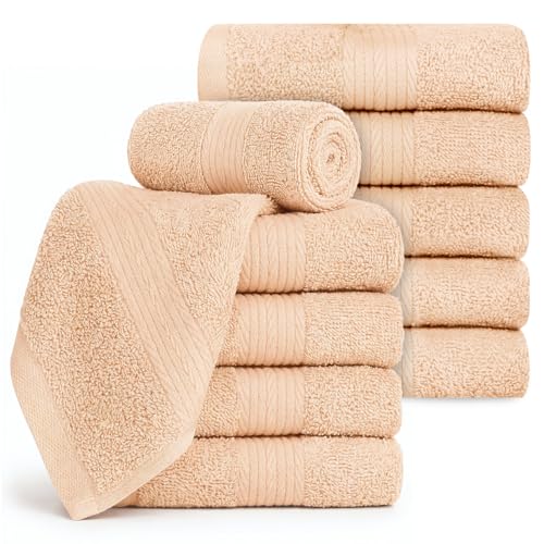 100% Cotton Washcloths 12x12 Inches, 600 GSM, Soft & Absorbent, Durable, Set of 10, Beige - color: Beige, size: Washcloth Set of 10