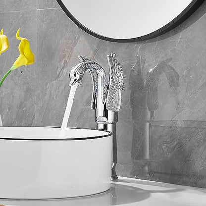 Chrome Swan Shape Single Handle One Hole Bathroom Vessel Sink Faucet Deck Mount Lavatory Sink Faucet - color: Chrome, size: Tall