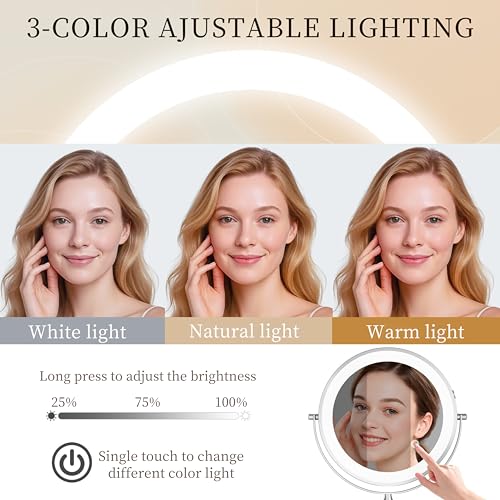 Rechargeable Wall Mounted Lighted Makeup Mirror Chrome, 8 Inch Double-Sided LED Vanity Mirror 1X/10X Magnification,3 Color Lights Touch Screen Dimmable 360°Swivel 13 Inch Extendable - color: 8 Inch Chrome