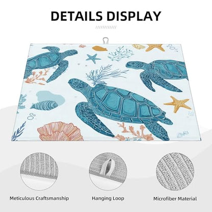 Turtle Pattern Dish Drying Mat for Kitchen Counter Absorbent Microfiber Reversible Dish Pad Fast Drying Countertop Protector Extra Large"18x24"Dish Mat - color: Light Blue-Turtle