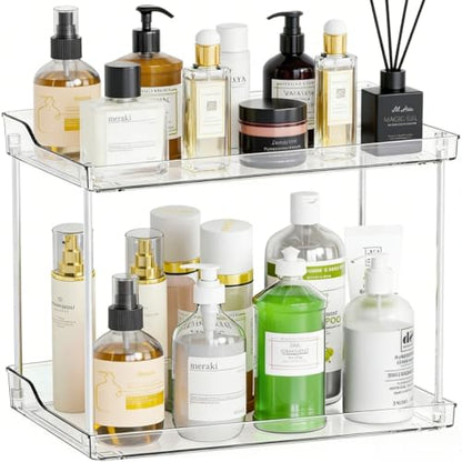 2 Tier Acrylic Bathroom Organizer Countertop Vanity Tray | Clear Corner Makeup Storage Counter, Perfume Holder, Bedroom Kitchen Living Room Space Saving Storage Solution