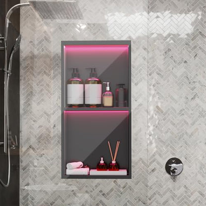 Vercraft 24'' x 12'' LED Light Stainless Steel Shower Niche with RGB Colorful Remote Control Matte Black No Tile Needed Wall Niche Insert Recessed Double Shelves for Bathroom Storage