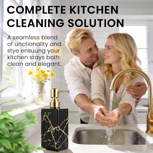 Black Ceramic Soap Dispenser with Gold Stripes, Refillable Hand Soap Dispenser for Bathroom Countertop & Kitchen Sink, Modern Square Lotion Pump Bottle for Dish Soap, Hand Soap & Lotion, 10oz - color: Black Gold