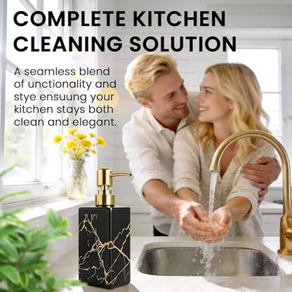 Black Ceramic Soap Dispenser with Gold Stripes, Refillable Hand Soap Dispenser for Bathroom Countertop & Kitchen Sink, Modern Square Lotion Pump Bottle for Dish Soap, Hand Soap & Lotion, 10oz - color: Black Gold