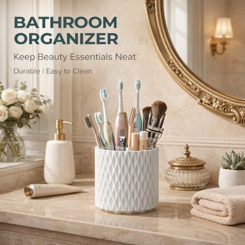 White Makeup Brush Holder, 360° Rotating Makeup Organizer | 5-slot spinning organizer for vanity, bathroom & desk — holds 30-50 makeup brushes, lipstick, hair brush & art supplies - style: White