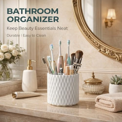 White Makeup Brush Holder, 360° Rotating Makeup Organizer | 5-slot spinning organizer for vanity, bathroom & desk — holds 30-50 makeup brushes, lipstick, hair brush & art supplies - style: White