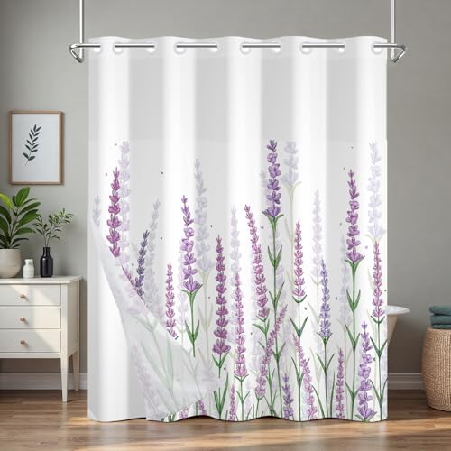 Lavender Shower Curtains for Bathroom, No Hook Floral Shower Curtain with Snap in Liner and Sheer Top Window, 71x74 Inches Shower Curtains Set, Farmhouse Waterproof Shower Curtains with Weighted Hem - color: Lavender