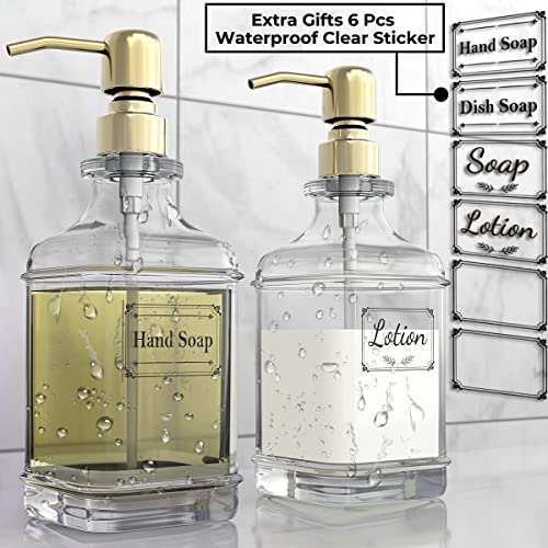 GLADPURE Soap Dispenser - 2 Pack, 18 Oz Antique Design Thick Glass Hand Soap Dispensers; with 304 Rust Proof Stainless Steel Pump, 6Pcs Clear Stickers, for Kitchen, Bathroom - Gold - color: Gold