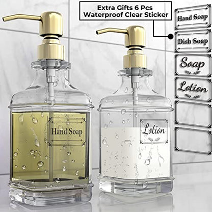 GLADPURE Soap Dispenser - 2 Pack, 18 Oz Antique Design Thick Glass Hand Soap Dispensers; with 304 Rust Proof Stainless Steel Pump, 6Pcs Clear Stickers, for Kitchen, Bathroom - Gold - color: Gold