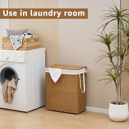 Slim Wicker Laundry Hamper with Lid, 75L Handwoven Rattan Basket with Handles, Narrow Laundry Basket with Removable Liner Bag & 2 Mesh Bags - color: Rattan with Lid, size: 75L
