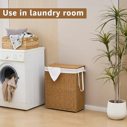 Slim Wicker Laundry Hamper with Lid, 75L Handwoven Rattan Basket with Handles, Narrow Laundry Basket with Removable Liner Bag & 2 Mesh Bags - color: Rattan with Lid, size: 75L