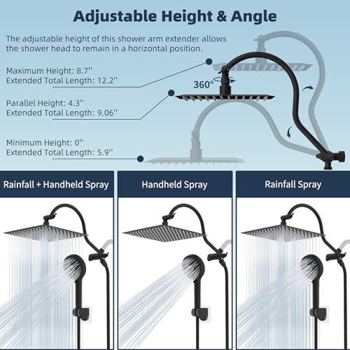 Hibbent 12'' All Metal CUPC Certified Shower Head, High Pressure Rainfall Shower Head, Handheld Showerhead Combo, 12'' Adjustable Extension Arm, 10-Spray, 71'' Hose, Showerhead Holder, Matte Black - color: Matte Black, style: Square 12''