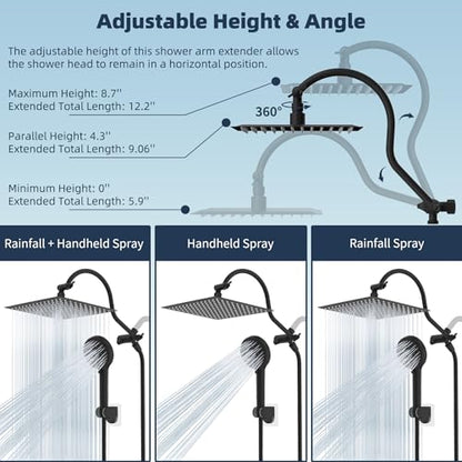 Hibbent 12'' All Metal CUPC Certified Shower Head, High Pressure Rainfall Shower Head, Handheld Showerhead Combo, 12'' Adjustable Extension Arm, 10-Spray, 71'' Hose, Showerhead Holder, Matte Black - color: Matte Black, style: Square 12''