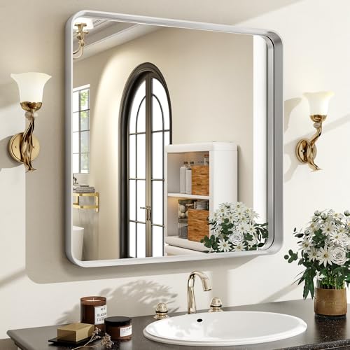 30"x 30" Silver Bathroom Mirror - Aluminum Framed Wall Mirror, Bathroom Wall Mounted Vanity Mirror, Modern Bathroom Mirror, Bedroom, Living Room Wall Mirror, Hang Horizontally or Vertically - color: Silver, size: 30"L x 30"W