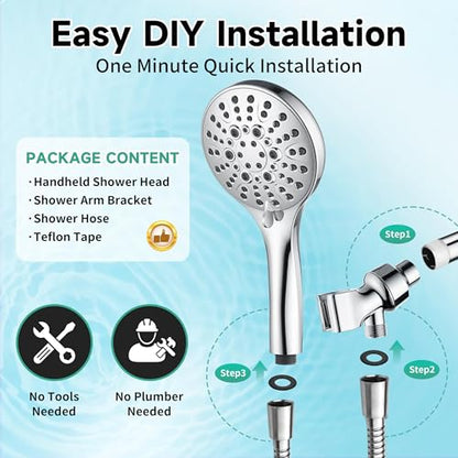 BRIGHT SHOWERS High Pressure Shower Head with Handheld, 9 Spray Settings Showerhead Built in Power Wash to Clean Tub and Pets, Extra Long 69" Hose, Adjustable Bracket, Chrome - color: Chrome, style: 2.5 GPM | 9 Modes