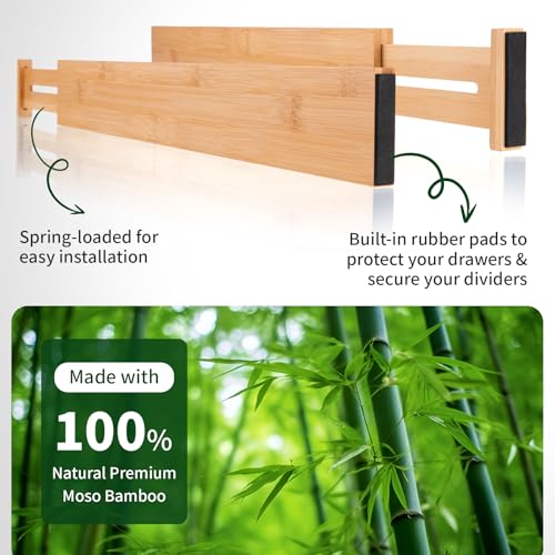 CMOOD 6 PCS Bamboo Drawer Dividers, Kitchen Drawer Dividers, 17"-22" Expandable Adjustable Bamboo Drawer Dividers Organizers for Kitchen, Clothes, Dresser, Bedroom, Home, Office, Spring Loaded