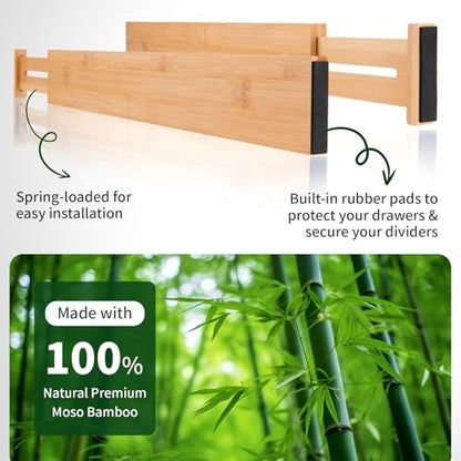 CMOOD 6 PCS Bamboo Drawer Dividers, Kitchen Drawer Dividers, 17"-22" Expandable Adjustable Bamboo Drawer Dividers Organizers for Kitchen, Clothes, Dresser, Bedroom, Home, Office, Spring Loaded