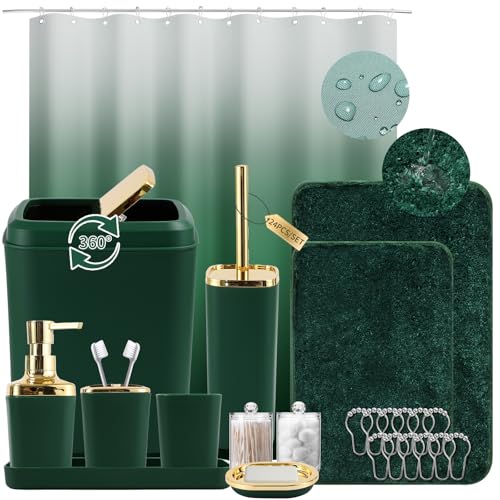 XLHOMO Bathroom Set - Dark Green Bathroom Sets with Shower Curtain and Rugs, 24PCS Shower Curtain Set with Hooks, Soap Dispenser, Soap Dish, Toilet Brush Holder and Trash Can for Housewarming - color: Dark Green and Gold, size: Bathroom Set+Shower Curtain
