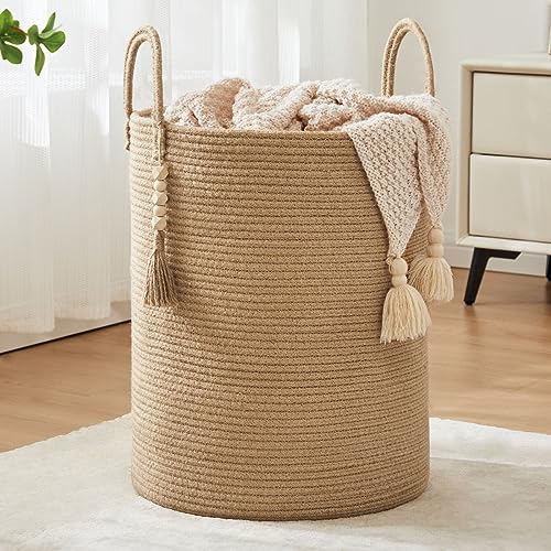 Jute Woven Rope Laundry Hamper, Tall Laundry Basket for Blanket Storage, Large Dirty Clothes Hamper for Toys, Decorative Baby Nursery Hamper for Bedroom, Living Room - Jute Brown, 58L - color: Jute, size: Tall(58L)