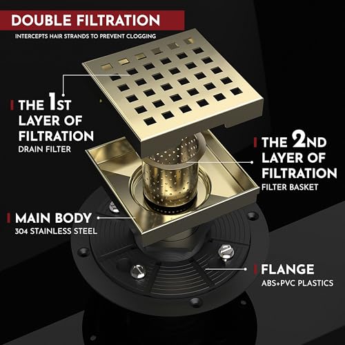 4 Inch Square Shower Drain Gold Floor Drain with Flange Square Holes Pattern Cover Grate Removable SUS304 Stainless Steel Watermark&CUPC Certified Brushed Gold - color: Brushed Gold, size: 4 Inch