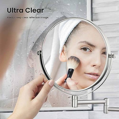Circular Wall Mount Makeup Mirror, Dual-Sided 1x/5x Magnifying Mirror with Extendable Arm, 360° Swivel, Solid Brass Construction for Durability and Style (Brushed Nickel, KMM100) - color: Brushed Nickel