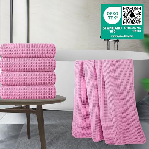 POLYTE 430 GSM Poly Blend Microfiber Quick Dry Waffle Bath Towel, 30x60 in | 4 Pack, Oversize, Lint Free, Body Towel - color: Pink