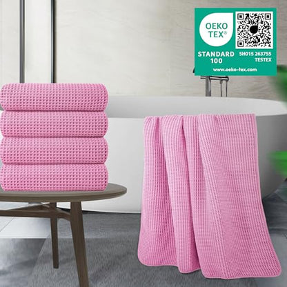 POLYTE 430 GSM Poly Blend Microfiber Quick Dry Waffle Bath Towel, 30x60 in | 4 Pack, Oversize, Lint Free, Body Towel - color: Pink