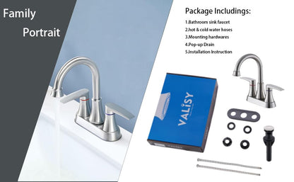 Brushed Nickel Bathroom Faucet, 2-Handle Lead-Free 360° Swivel High-Arc Spout 4 Inch Centerset Bath Lavatory Vanity Sink Faucets Set for Sinks with Drain & Water Hoses, VABM80008L - color: Brushed Nickel