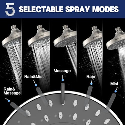 HOPOPRO 5-Mode High Pressure Shower Head - The Washington Post, NBC News, Today TV Show Recommended - High Flow Fixed Showerheads (6 Inch Brushed Nickel) | The Washington Post, NBC News, Today Recommended, Consumer Reports Tested High Flow Fixed Shower He
