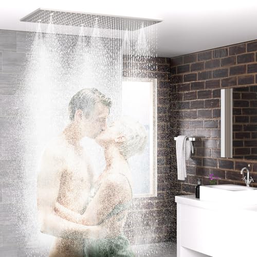 2-Functions Luxury High Pressure Rain Shower Head, 16"x32" Large Ceiling Full Body Shower Head with Silicone Nozzles Rectangle Mist Showerhead, Brushed Nickel Finish - color: Brushed Nickel, style: 2 Modes - Rainfall&Mist