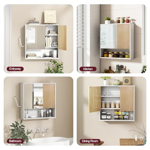Bathroom Cabinet with Mirror & LED, Wall Mounted Bathroom Cabinet,Side Hook | Magnetic mirror Door,Detachable magnetic Light ,Adjustable Shelves,Side Hook,Open Bottom Shelf,Wood Grain,Over Toilet Mount - color: White&wood