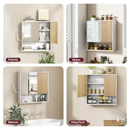 Bathroom Cabinet with Mirror & LED, Wall Mounted Bathroom Cabinet,Side Hook | Magnetic mirror Door,Detachable magnetic Light ,Adjustable Shelves,Side Hook,Open Bottom Shelf,Wood Grain,Over Toilet Mount - color: White&wood
