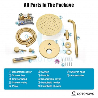 gotonovo Shower Faucet Set with Rough-in Valve Trim Kit,Brushed Gold | 10 Inch Round Rain Showerhead with Handheld Spray,Bathroom Wall Mount Shower System Complete Combo,2-in-1 Diverter,All Metal - color: Gold