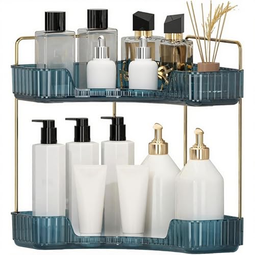 INVSSENE Corner Bathroom Countertop Organizer, Vanity Organizer Trays for Counter, Makeup Organizers, Perfume Tray, Skincare Shelf Storage Gifts for Women Girl Student (Blue, 2 Tiers) - color: Blue, size: 13.6" x 10.1" x 11.6"