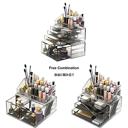 READAEER Makeup Organizer 3 Pieces Cosmetic Storage Case with 6 Drawers (Clear) - color: Clear
