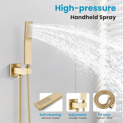 gotonovo Rainfall Bathroom Shower System Rain Shower Head and Handle Set Wall Mounted Shower Complete Combo Solid Brass Pressure Balancing Shower Mixer Valve 12 Inch Brushed Gold - color: Brushed Gold, size: 12 Inch