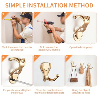 Coat Hooks Wall Mount: Flip Lid Conceals Screws & Double Hooks, Heavy Duty Wall Hooks, Damage-Resistant Clothing Design, Towel Hooks for Bathroom Living Room to Hang Coats Hats Keys (4, Gold) - color: Gold