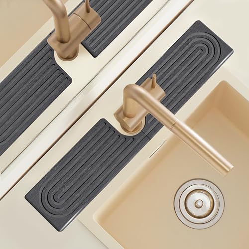 20 Inch Small Faucet Mat for Kitchen Island Sink, Instant Dry Sink Protector for Countertop, Stone Sink Caddy Diatomaceous Earth Stone Drying Tray Around Faucet for Kitchen Bathroom RVs, Dark Grey - size: 20" x 3.9"
