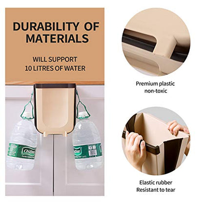 Hanging Collapsible Trash Can - 9L Wall Mounted Foldable Waste Bin for Kitchen Cabinet Door - Quickly Clean Counter, Sink, Bathroom - RV, Car, Camping Folding Garbage Basket (Brown)