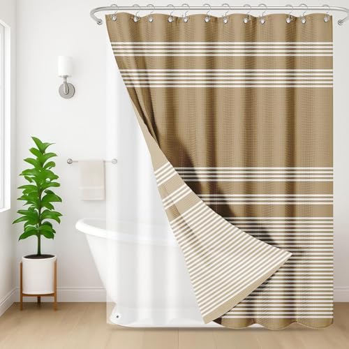 3 in 1 Shower Curtain and Liner,72 x 72 inch, Striped Geometric | Neutral Beige Modern Double Layers Waterproof Fabric with See Through Top Window Open Grommet Bath Curtain - color: Beige Striped Geometric