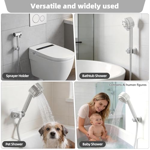 Adhesive Shower Head Holder for Bathroom, White | 180° Adjustable for Custom Angle, No-Drill Wall Mount, Fits Handheld & Standard Wands, for RV & Apartment