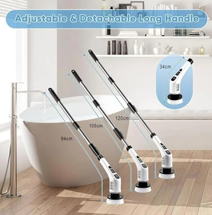7-in-1 Electric Spin Scrubber with Long Extendable Handle, Cordless Power Scrubber with 7 Replaceable Brush Heads for Bathroom, Shower, Bathtub, Tile, Floor, Glass & Car Cleaning
